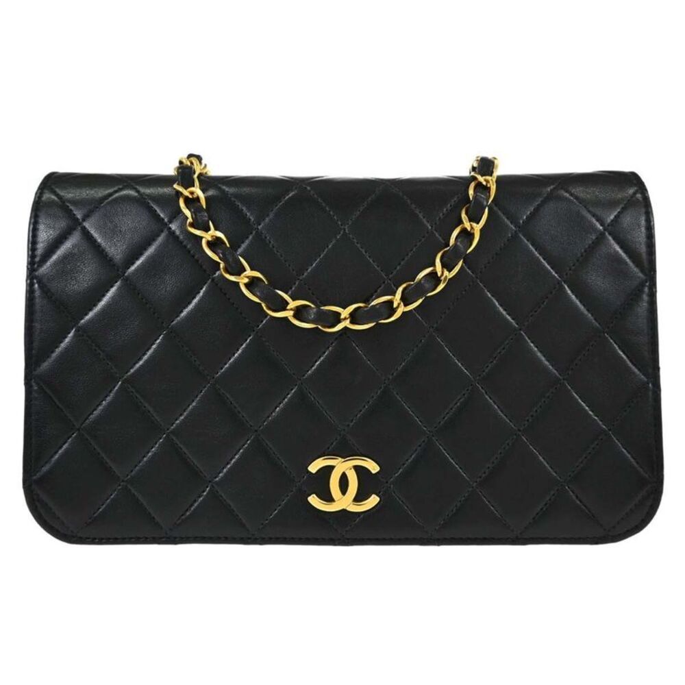 Chanel Vintage Full Flap Quilted Lambskin Black Leather Shoulder Bag Bag